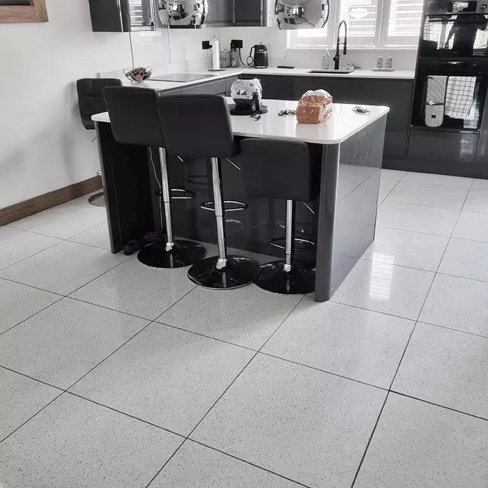 Diamond White sparkly quartz tiles installed in a modern kitchen