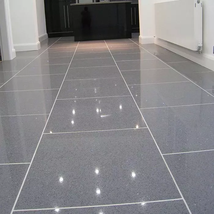 Zultanite Grey sparkly quartz tiles installed in a kitchen